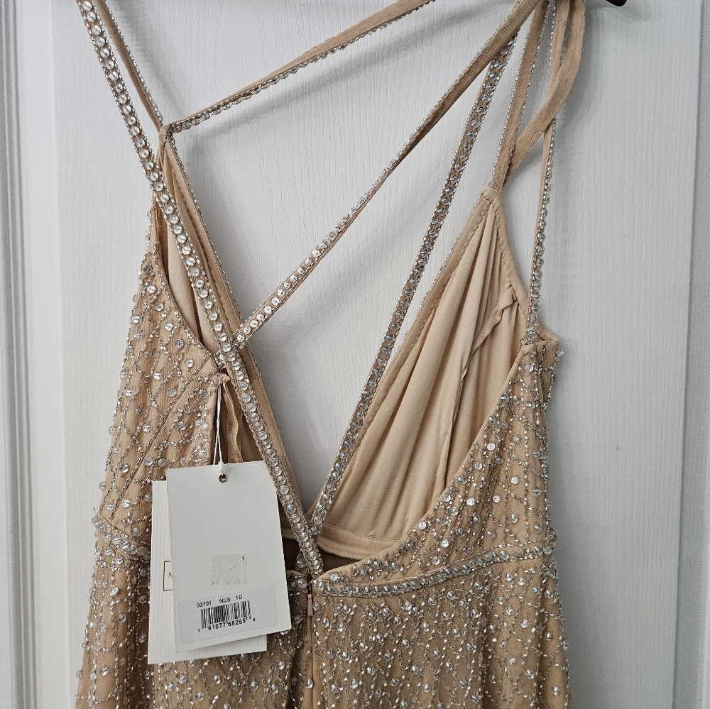 Mac Duggal 93701 Plunging V-Neck Empire Waist A-Line Dress Nude Silver Sz 10 NWT - Picture 8 of 8